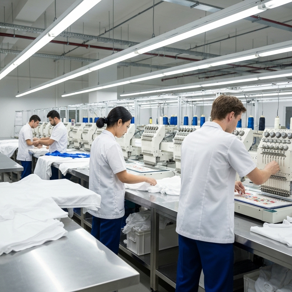 Máquina de bordado e equipe trabalhando na produção de uniformes